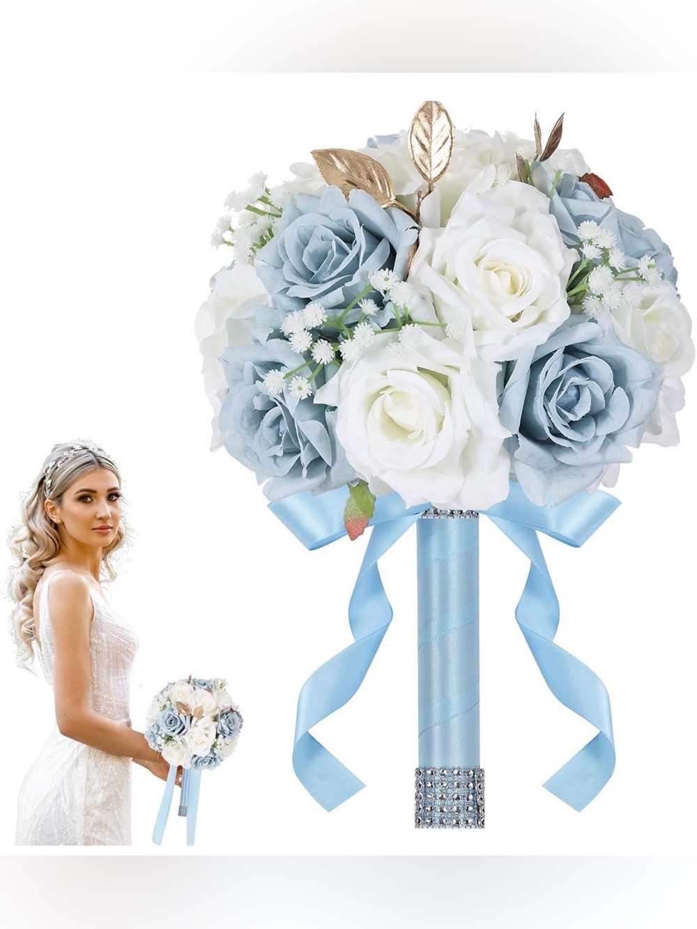 Wedding Bouquet for Bride-Realistic Silk Flowers Artificial Roses 9”Blue/White